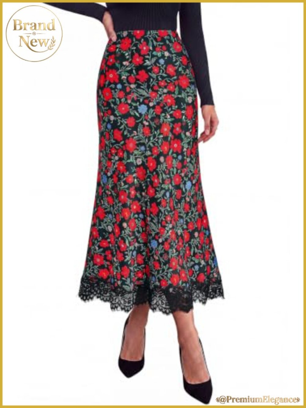 Flowy Satin Midi A-Line Skirt with Lace Trim High Waisted
